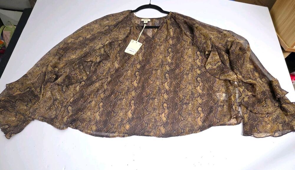 a.n.a Womens Snake Print Chiffon Ruffle Flared Sleeve V-Neck Blouse 2X retail$48